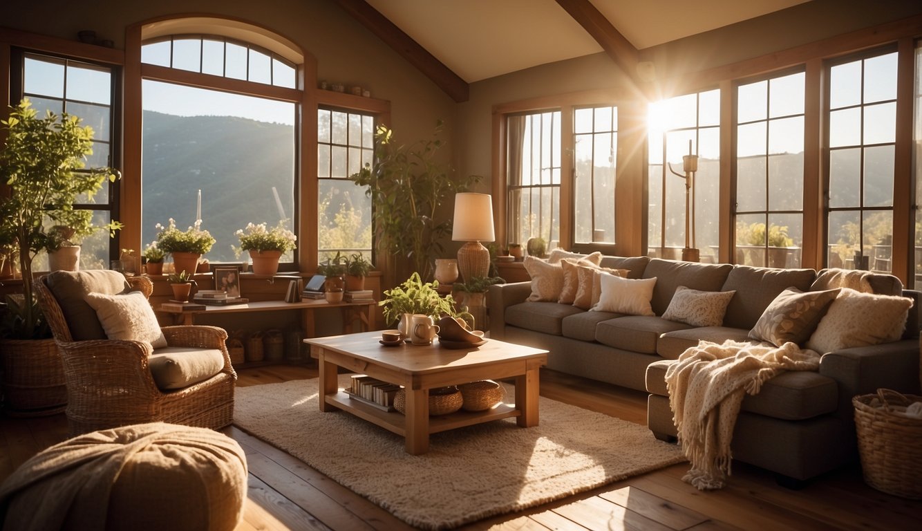 A cozy living room with warm, earthy tones and pops of vibrant colors. Sunlight streams in through the windows, casting a cheerful and inviting atmosphere