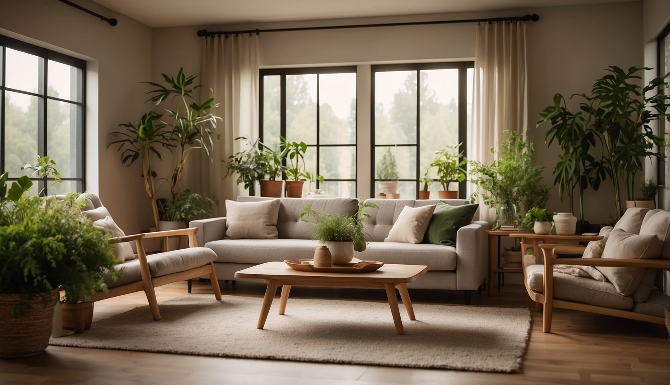 A cozy living room with warm, earthy tones and soft lighting. Green plants and natural wood accents create a calming, inviting atmosphere