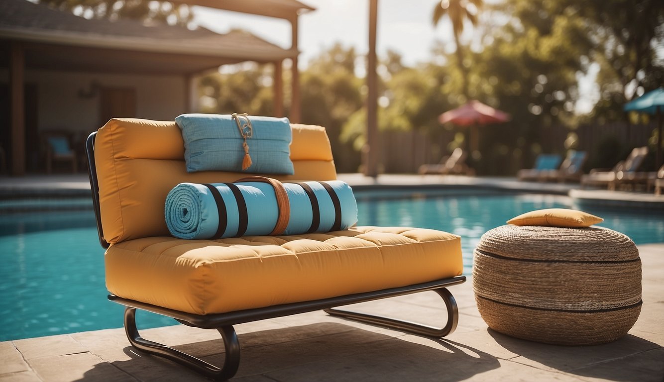 A poolside storage unit holds various pool floats and accessories, including a hammock, shelves, and hooks for easy organization