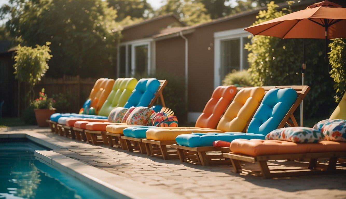 A backyard with a variety of pool floats neatly stored on DIY storage racks. The sun is shining, and the pool is sparkling in the background