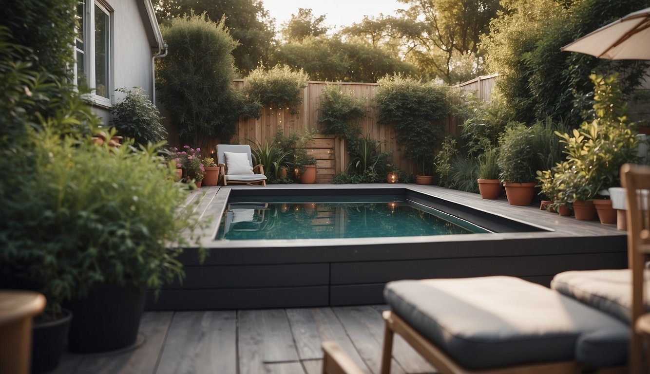A small backyard with a compact pool surrounded by float storage, maximizing space