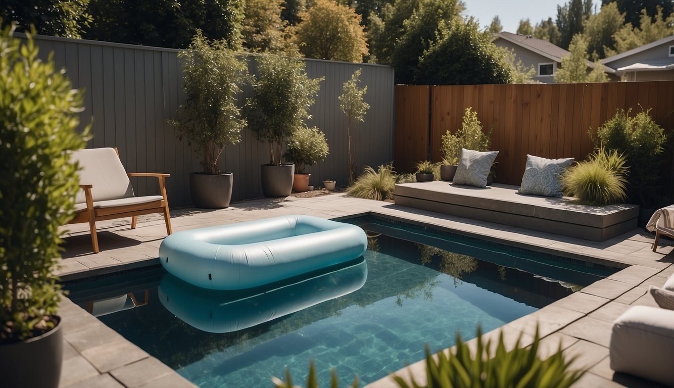 A small backyard with a compact pool float storage solution. Neatly organized floats stored in a space-saving manner