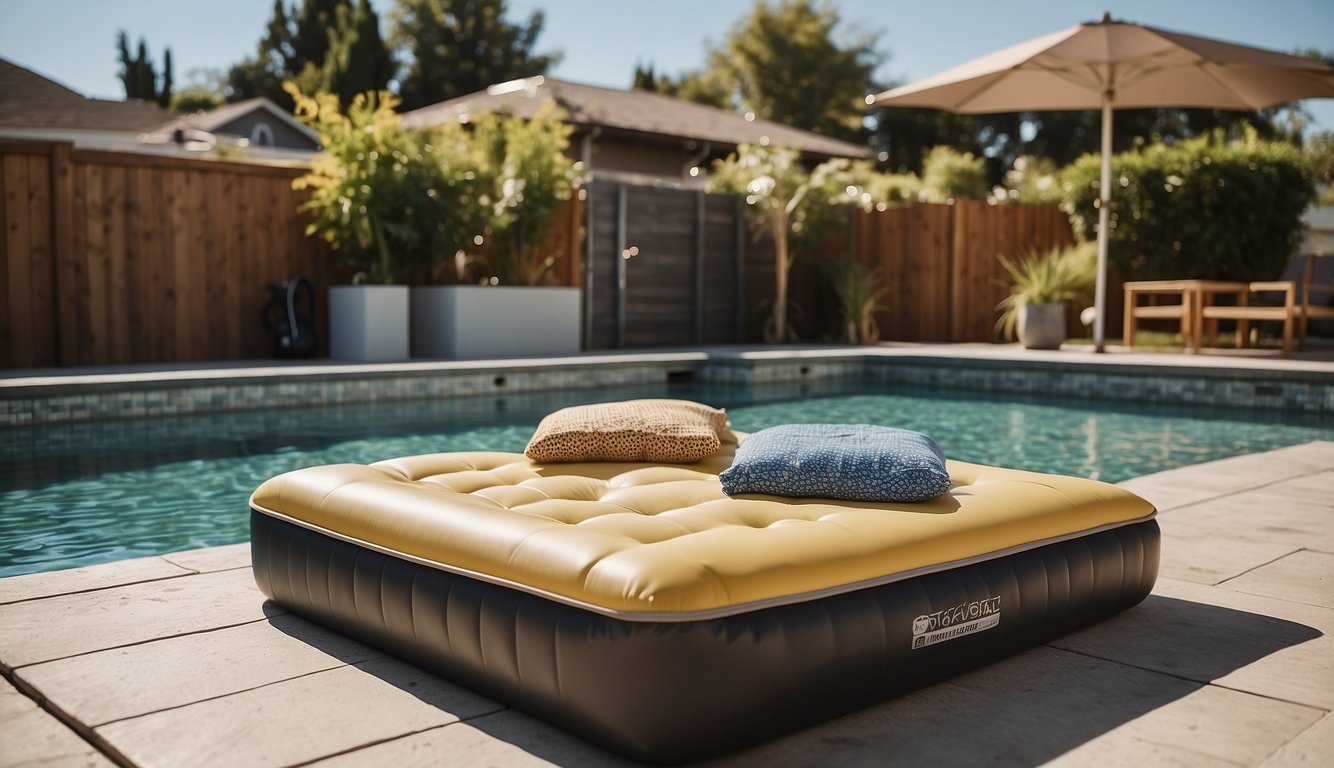 A small backyard with a compact pool float storage solution. The storage unit is neatly organized and efficiently saves space