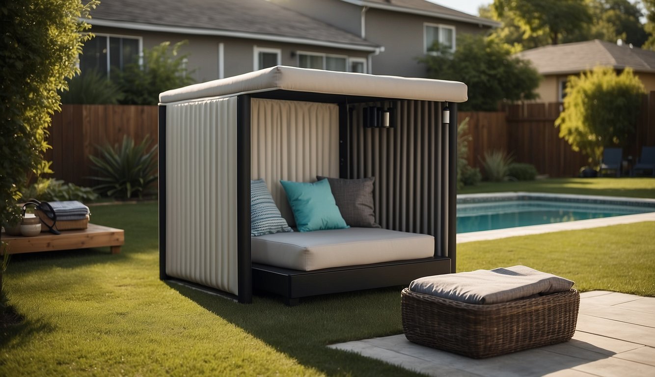 A small backyard with a stylish and functional pool float storage unit. Compact design saves space. Accessories like towels and sunscreen neatly organized