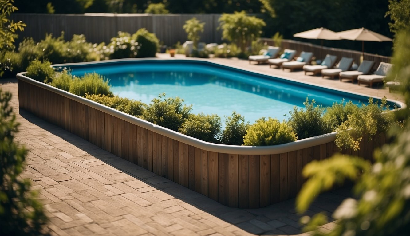 An outdoor pool with weatherproof storage solutions for floats and toys, surrounded by a fence and lush greenery