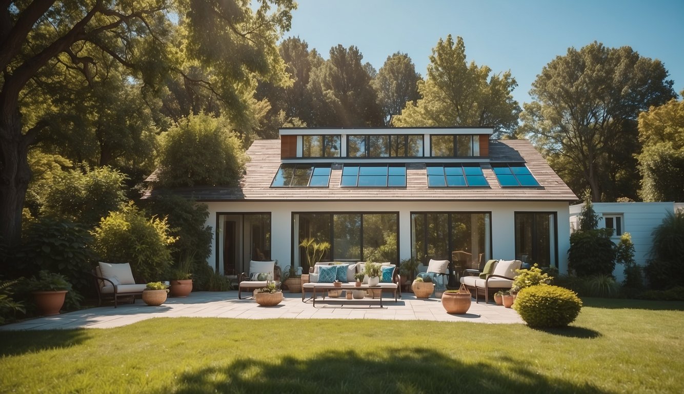 A sunny house with various roof color options displayed, surrounded by trees and blue sky