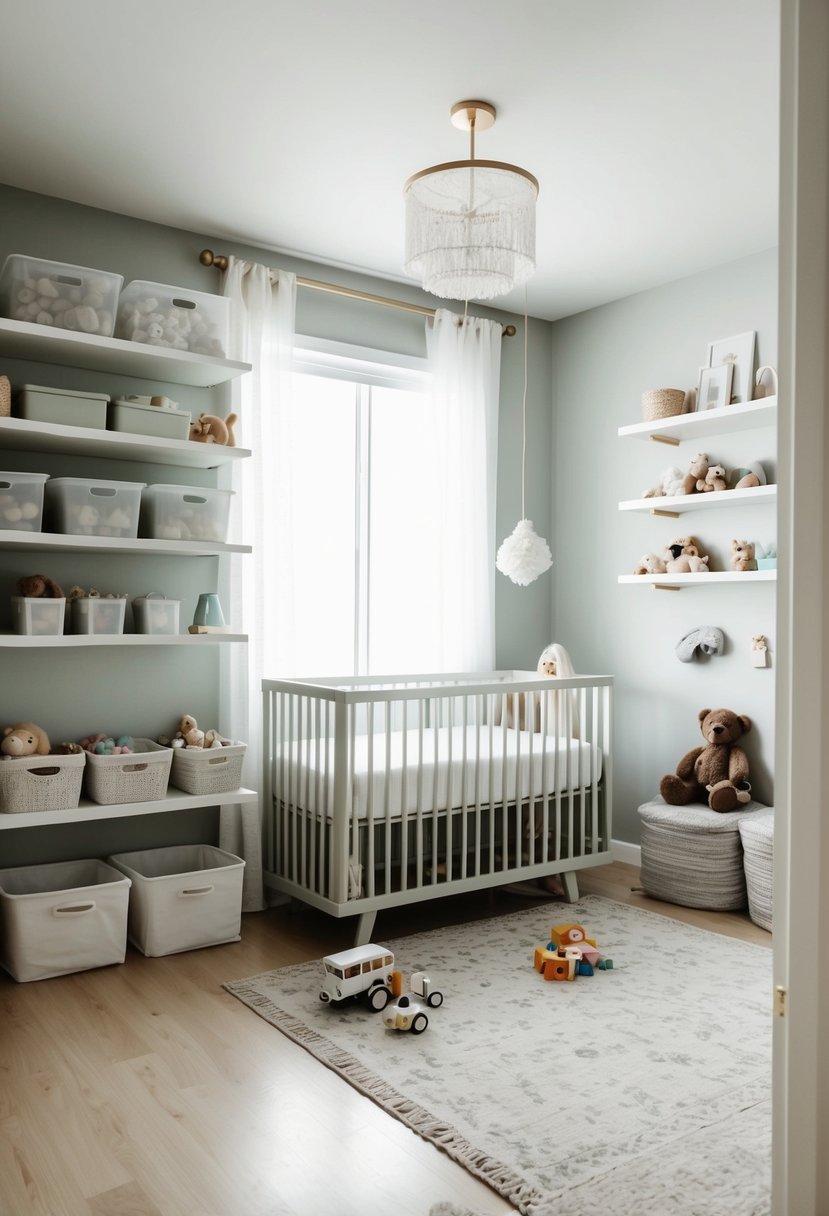 A nursery with neatly organized shelves, clear storage bins, and a minimalist crib. Toys and clothes are neatly arranged, creating a serene and clutter-free space