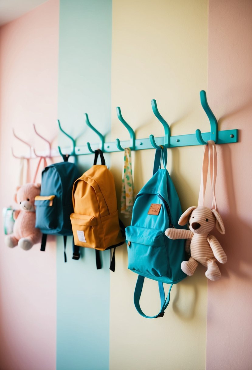 Colorful nursery wall hooks hanging neatly on a pastel-colored wall, each hook holding a different item such as a small backpack, a baby hat, or a stuffed animal