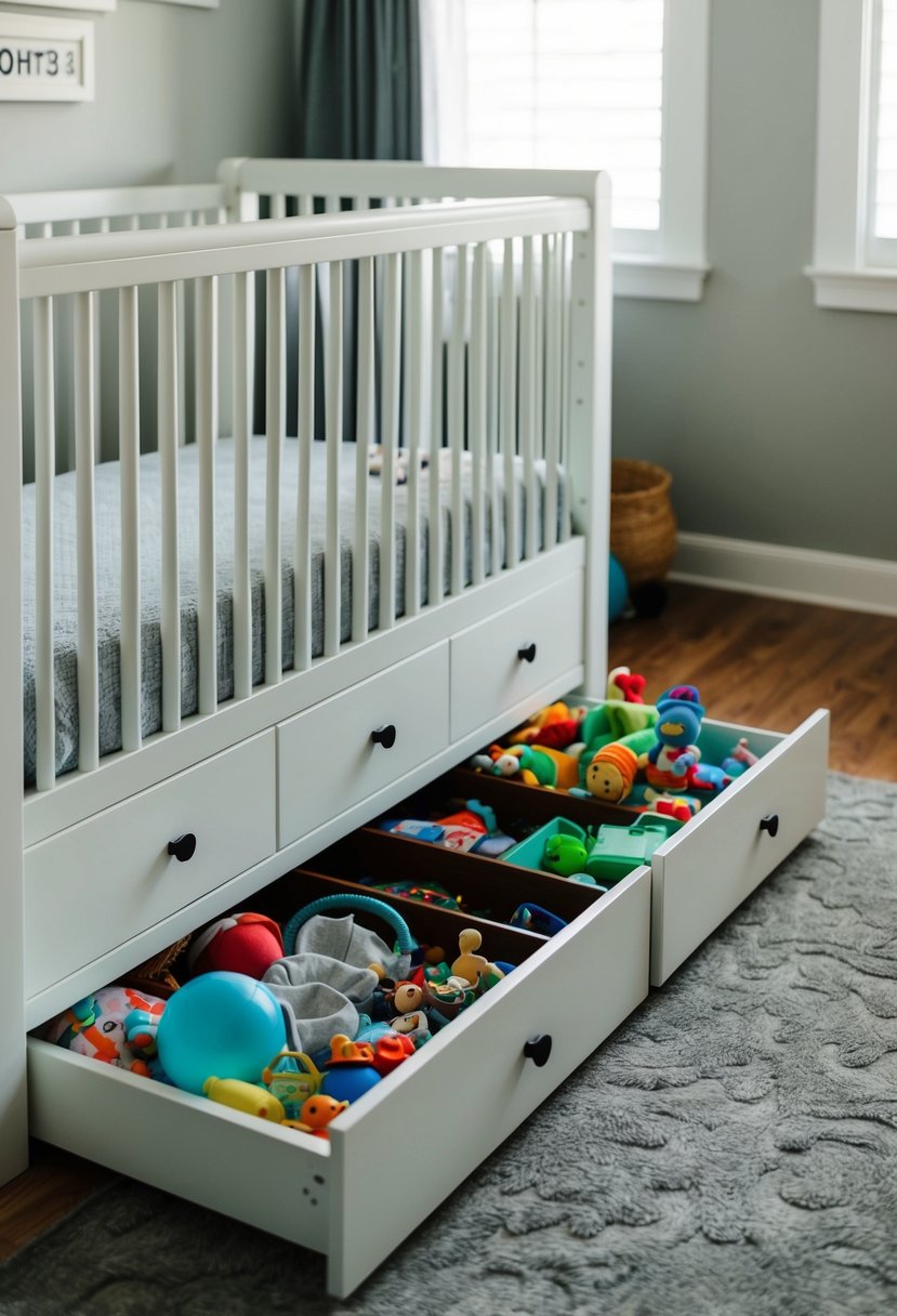 A cluttered nursery with an open under-crib storage drawer, filled with disorganized baby items and toys