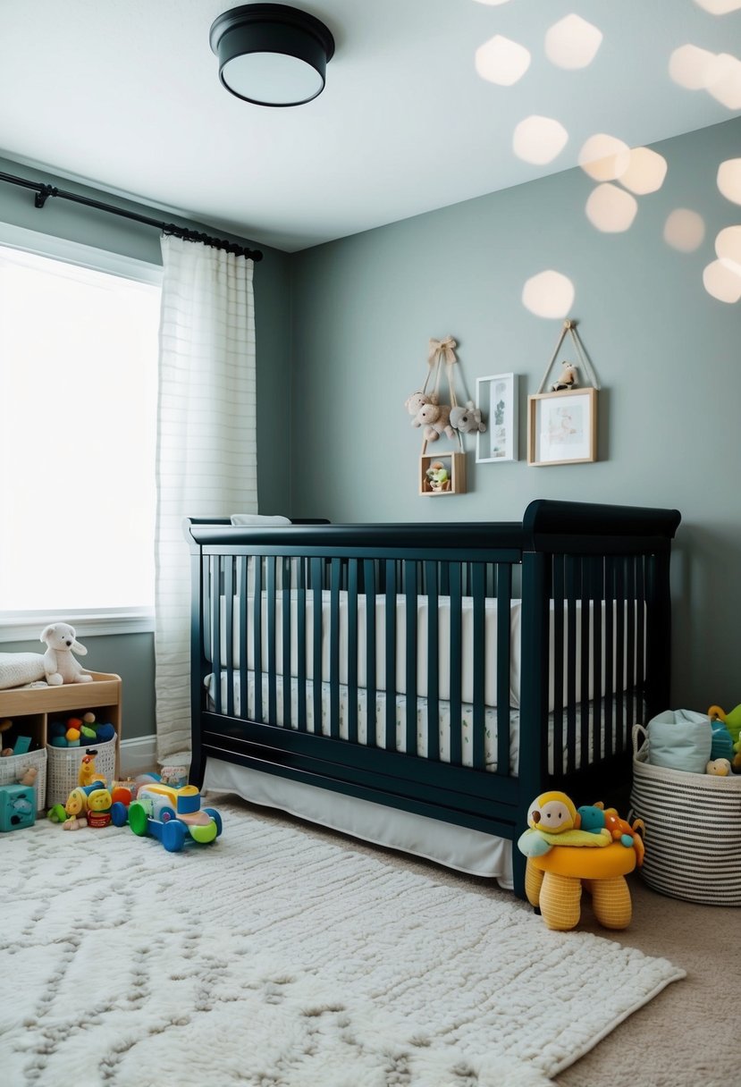A convertible crib with built-in storage sits in a tidy nursery. Toys and baby essentials are neatly organized, creating a clutter-free and peaceful space