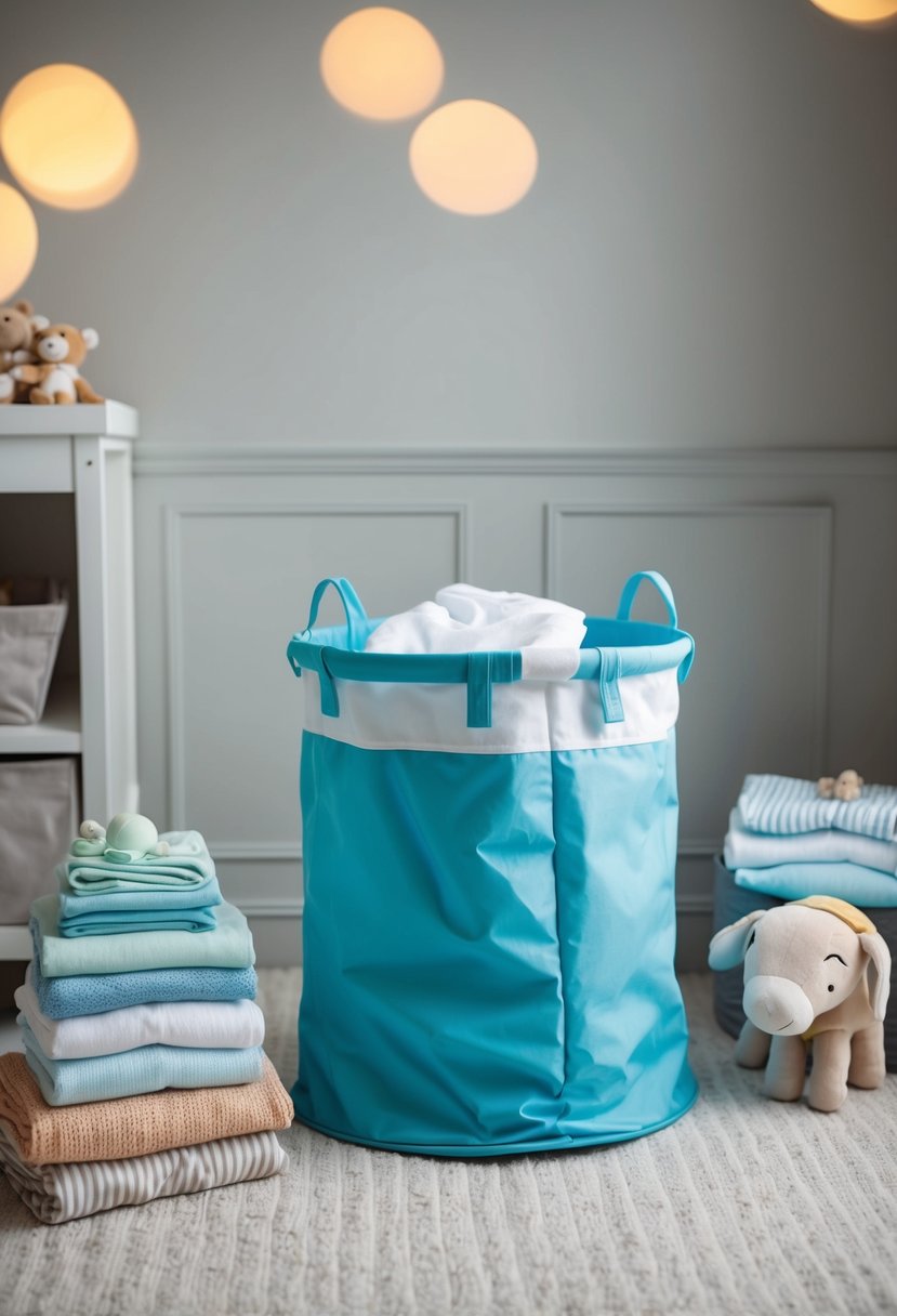 A nursery with a collapsible laundry hamper surrounded by neatly folded baby clothes and toys