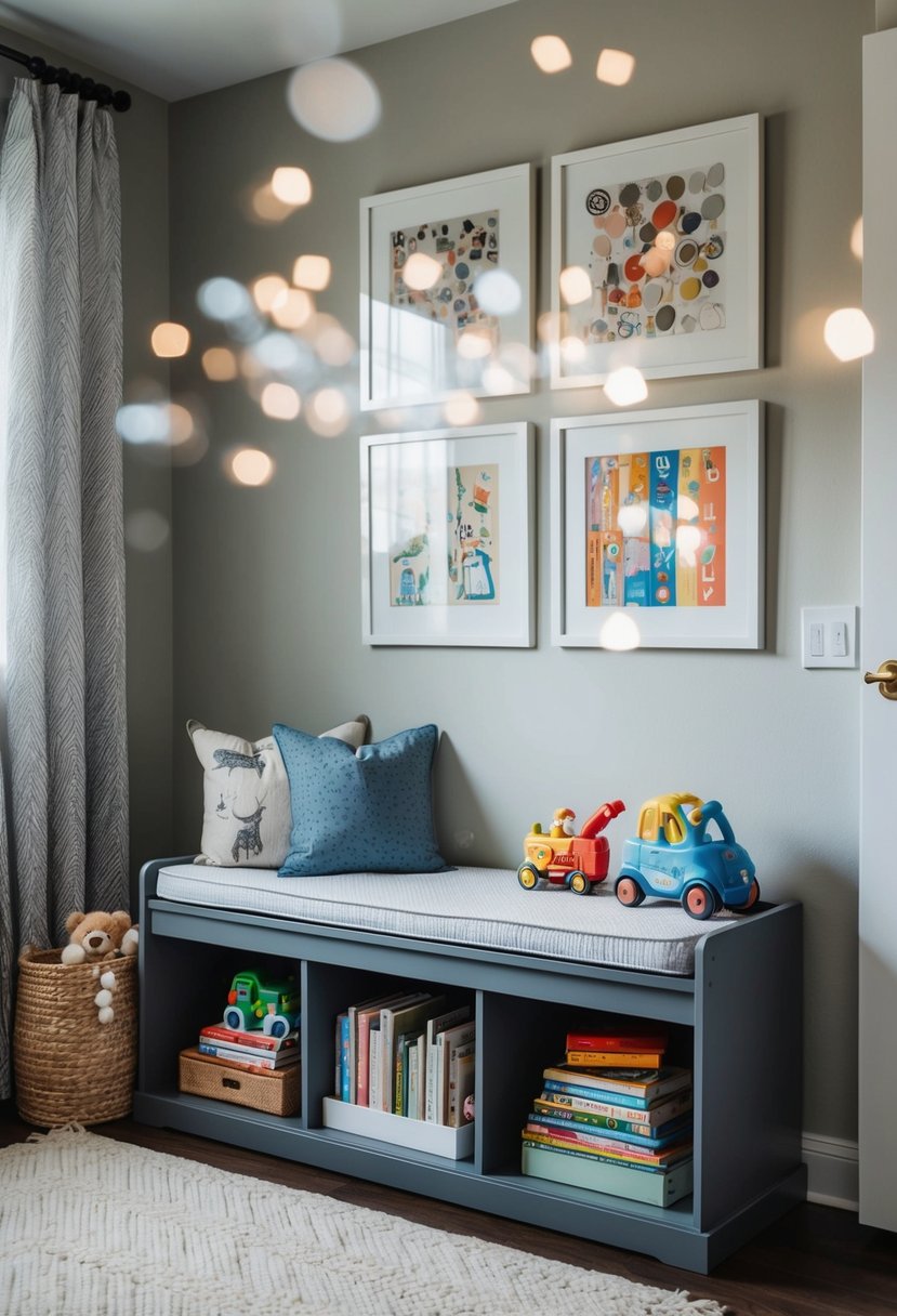 A nursery with a storage bench holding toys, books, and blankets