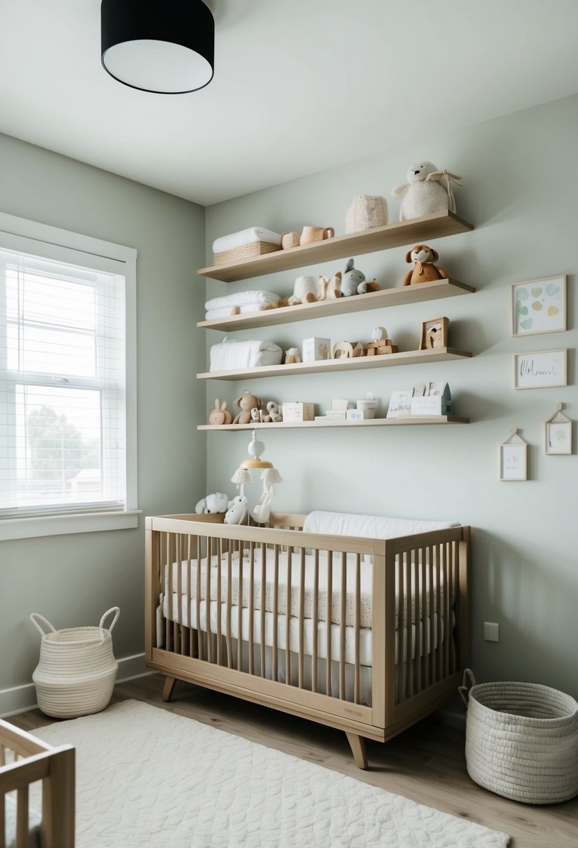 A tidy nursery with organized shelves, clear floor space, and neatly arranged baby items. A sense of calm and order in the room