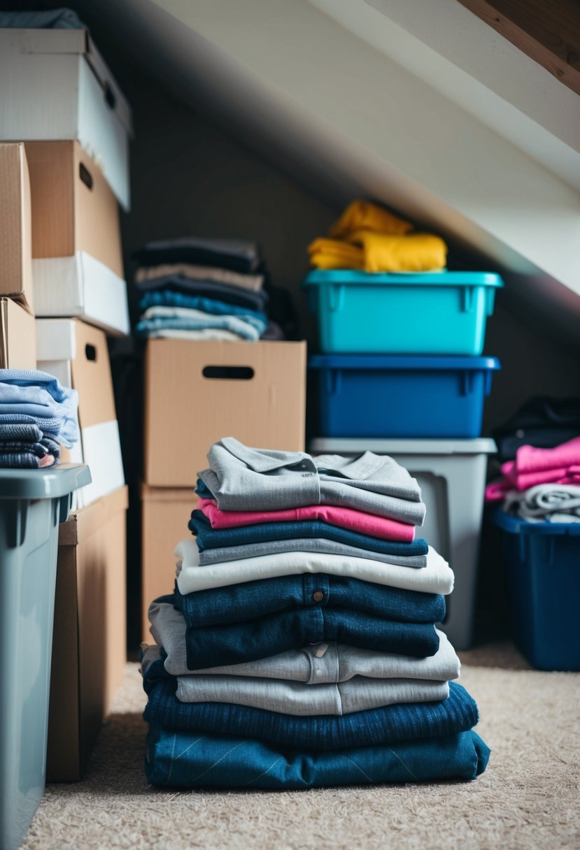 A pile of folded clothes sits in the corner of a cluttered attic, ready to be donated. Boxes and bins are stacked high, waiting to be sorted through