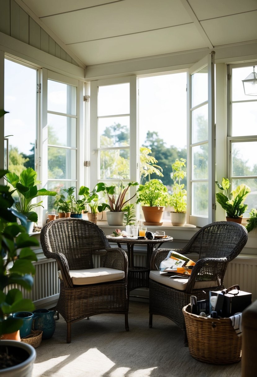 A sunroom with plants, wicker furniture, and open windows. A table with cluttered items sits in the corner. Sunlight streams in, creating a cozy atmosphere