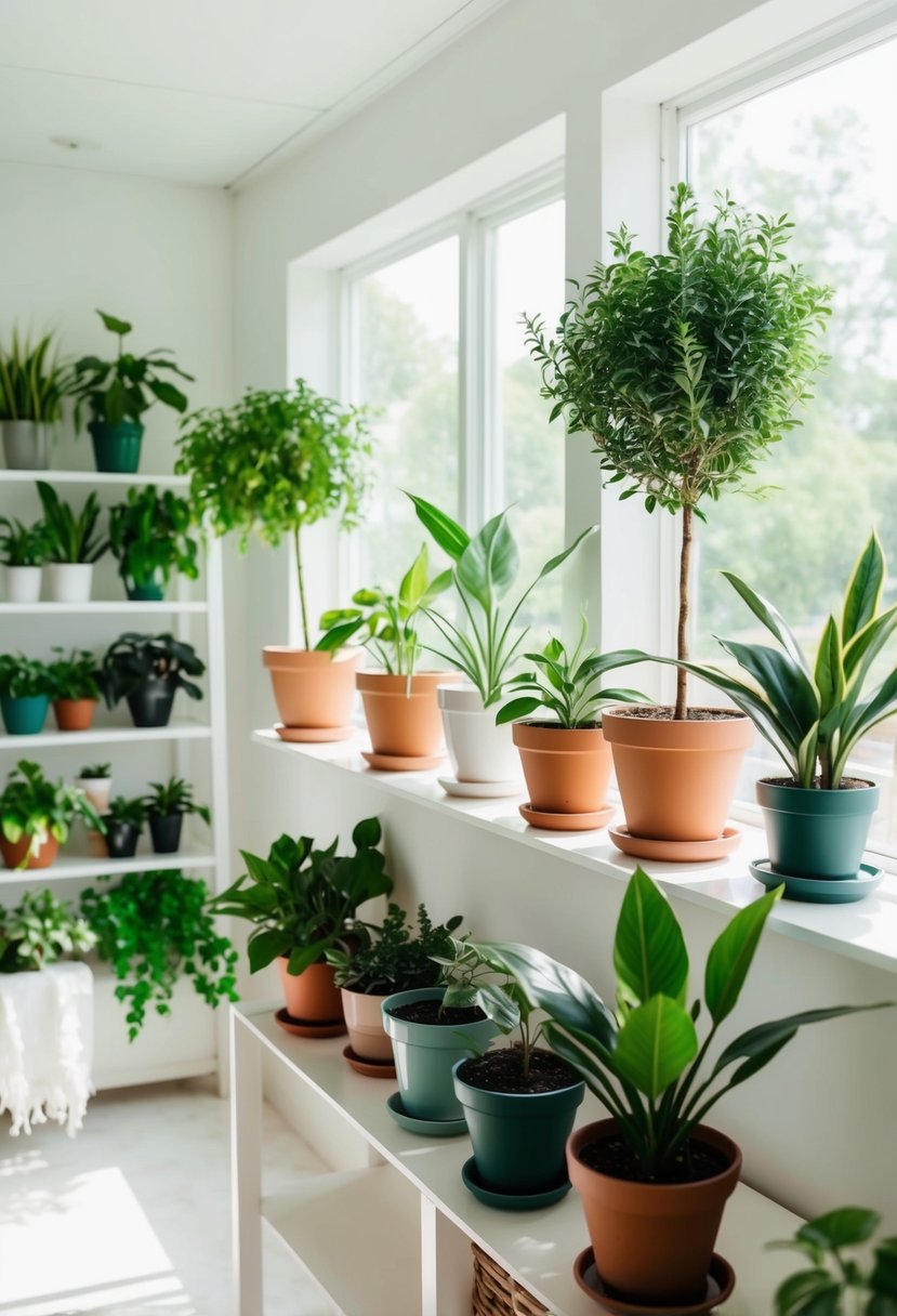 Several potted plants are arranged neatly on shelves and tables in a bright sunroom. The space is clean and uncluttered, with a variety of greenery adding a natural touch to the room