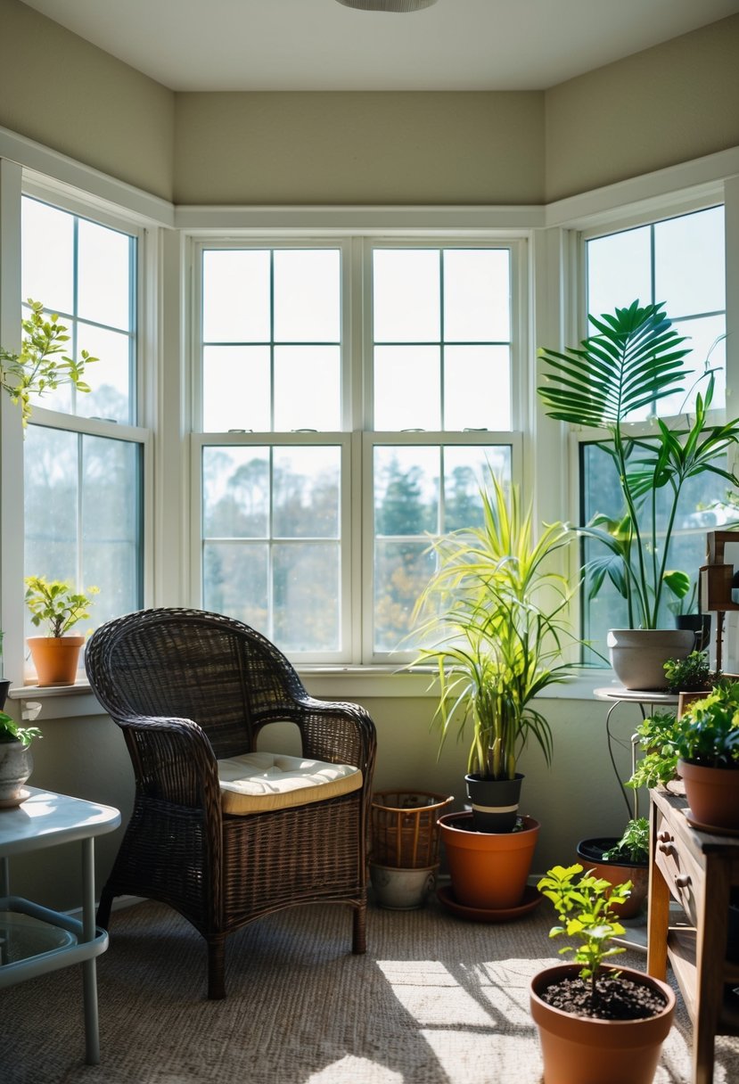 A sunroom with a cluttered mix of unused furniture. Items include a wicker chair, a small table, and potted plants. Sunlight streams in through the windows