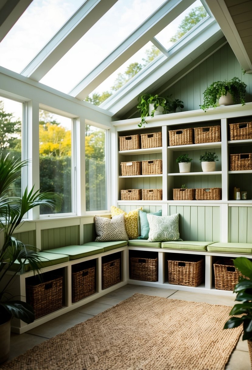 A sunroom with built-in shelves and cabinets, neatly organized with baskets and bins for hidden storage. A clutter-free space with plants and seating