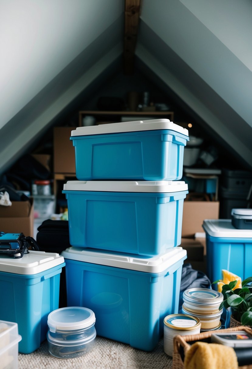 Airtight containers neatly stacked in an attic, surrounded by organized and decluttered items