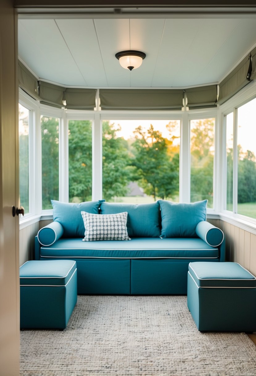 A sunroom with a convertible sofa bed, storage ottomans, and foldable tables, creating a spacious and organized environment