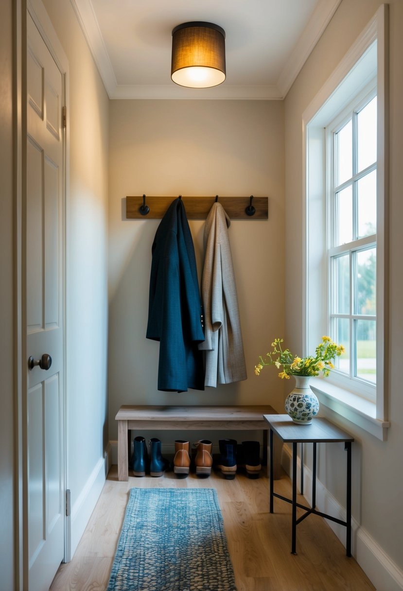 A hallway with a tidy shoe rack, coat hooks, and a small table with a decorative vase. Light streams in from a nearby window, casting a warm glow