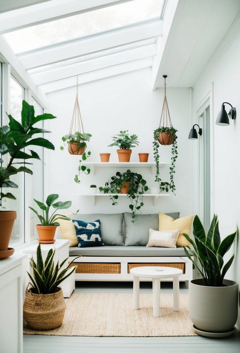 The sunroom is bright and airy, with minimal furniture and plants arranged to maximize vertical space. Shelves and hanging planters help declutter the room