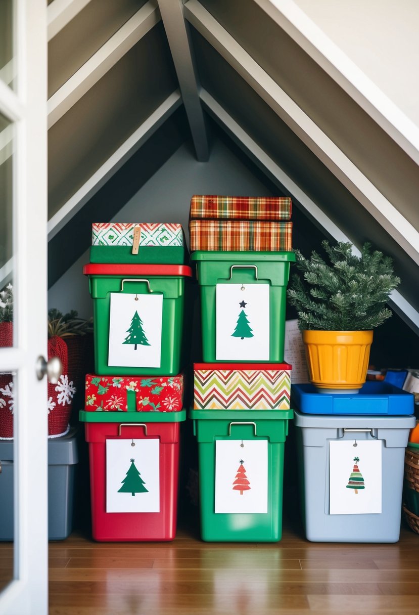 A neatly organized attic with labeled bins of seasonal decor, accessible and free of clutter