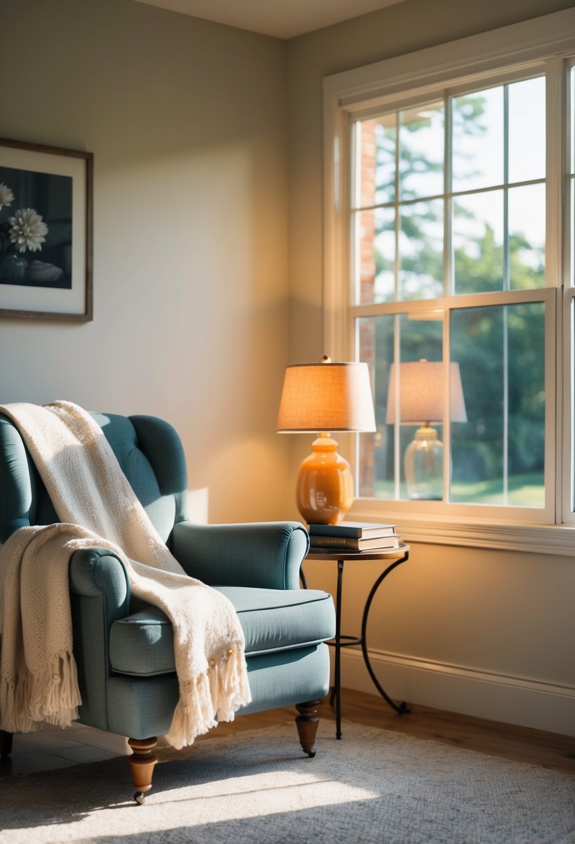 A sunlit sunroom with a plush armchair, soft throw blanket, and a small side table with a warm lamp and a stack of books
