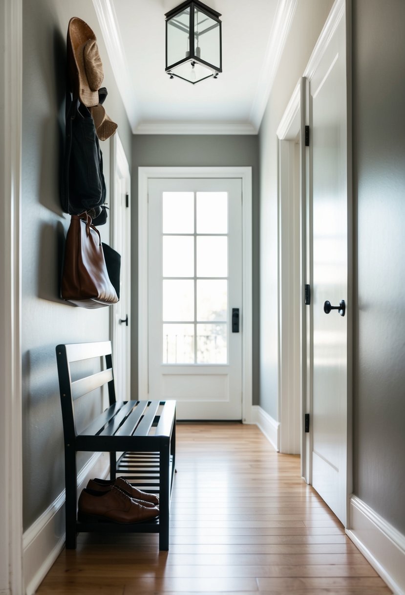 A shoe rack with a bench in a tidy hallway