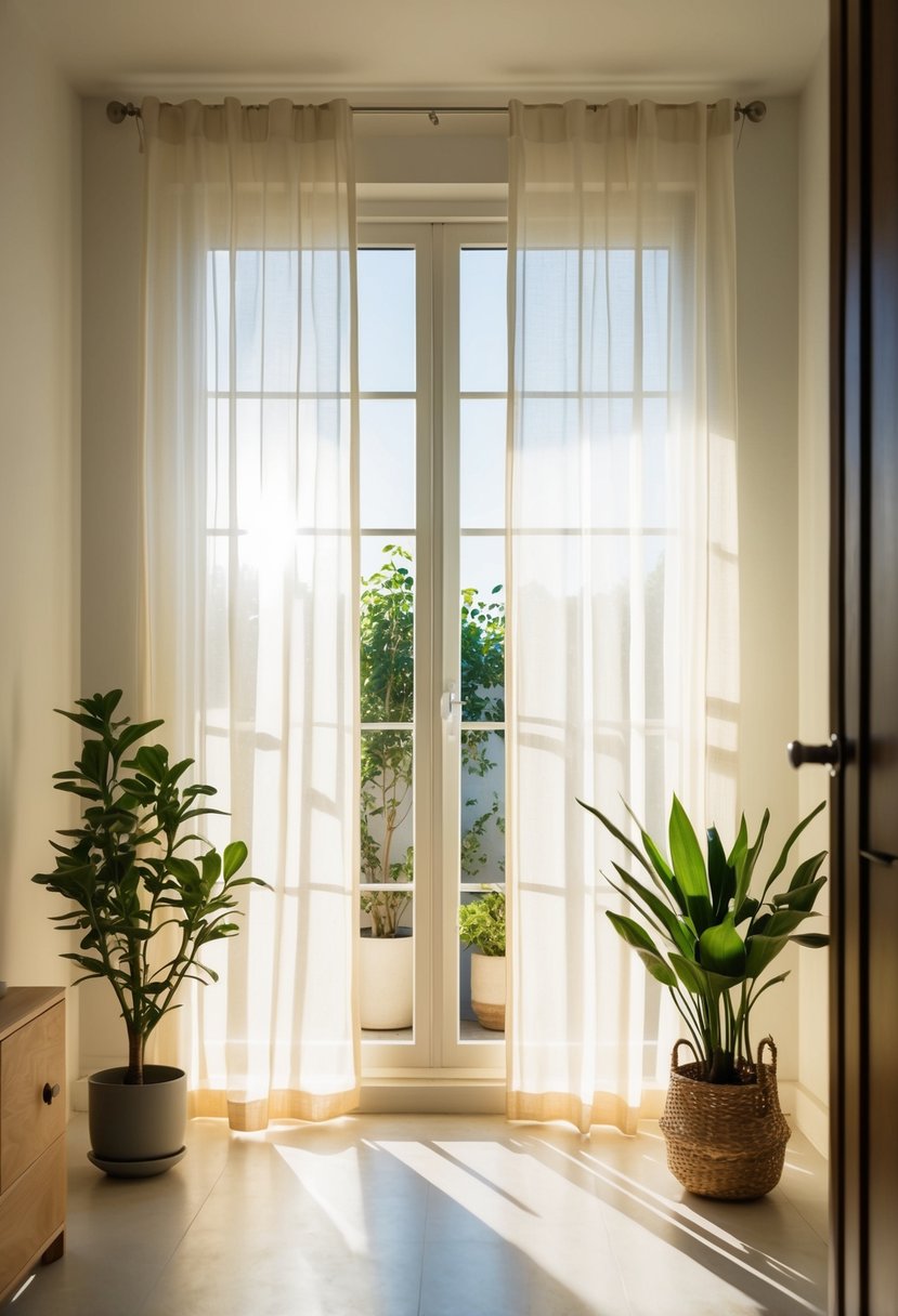 Sunlight streams through sheer curtains in a tidy sunroom with minimal furniture and plants