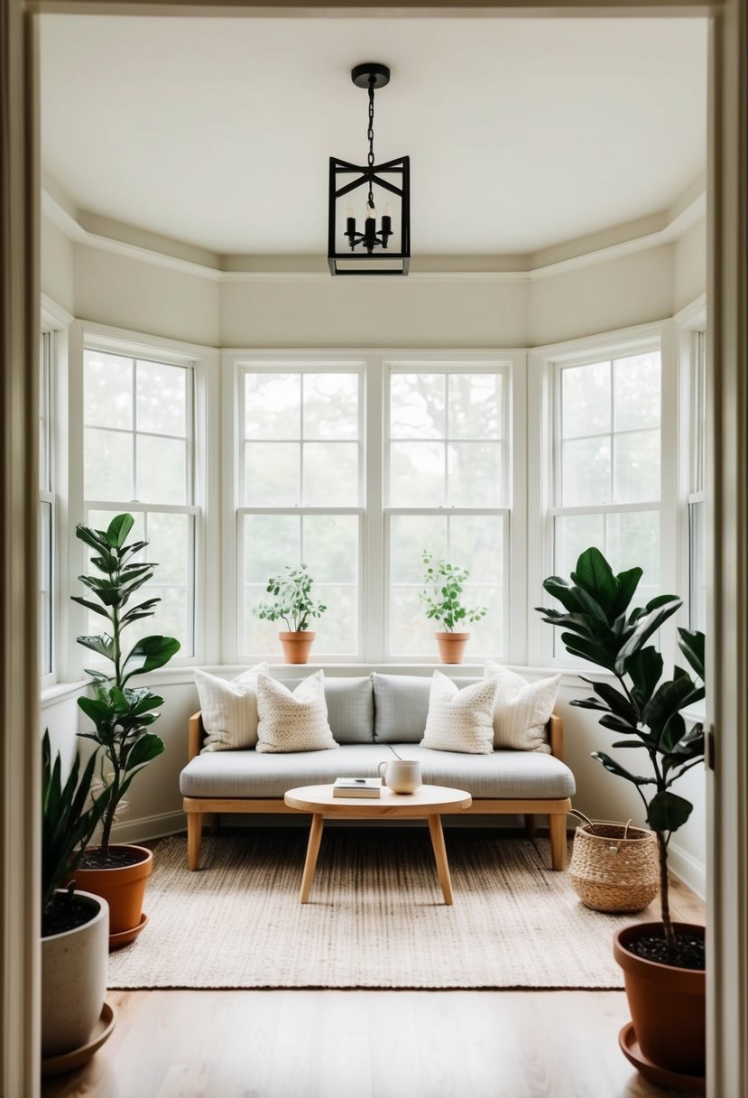 A sunroom with minimal furniture, neutral-toned decor, potted plants, and natural light streaming in through the windows