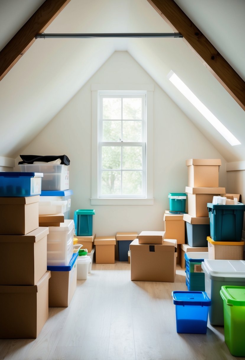 A cluttered attic transformed into an organized space with neatly stacked boxes, labeled containers, and clear pathways. Light streams in through a clean window, illuminating the newly decluttered area