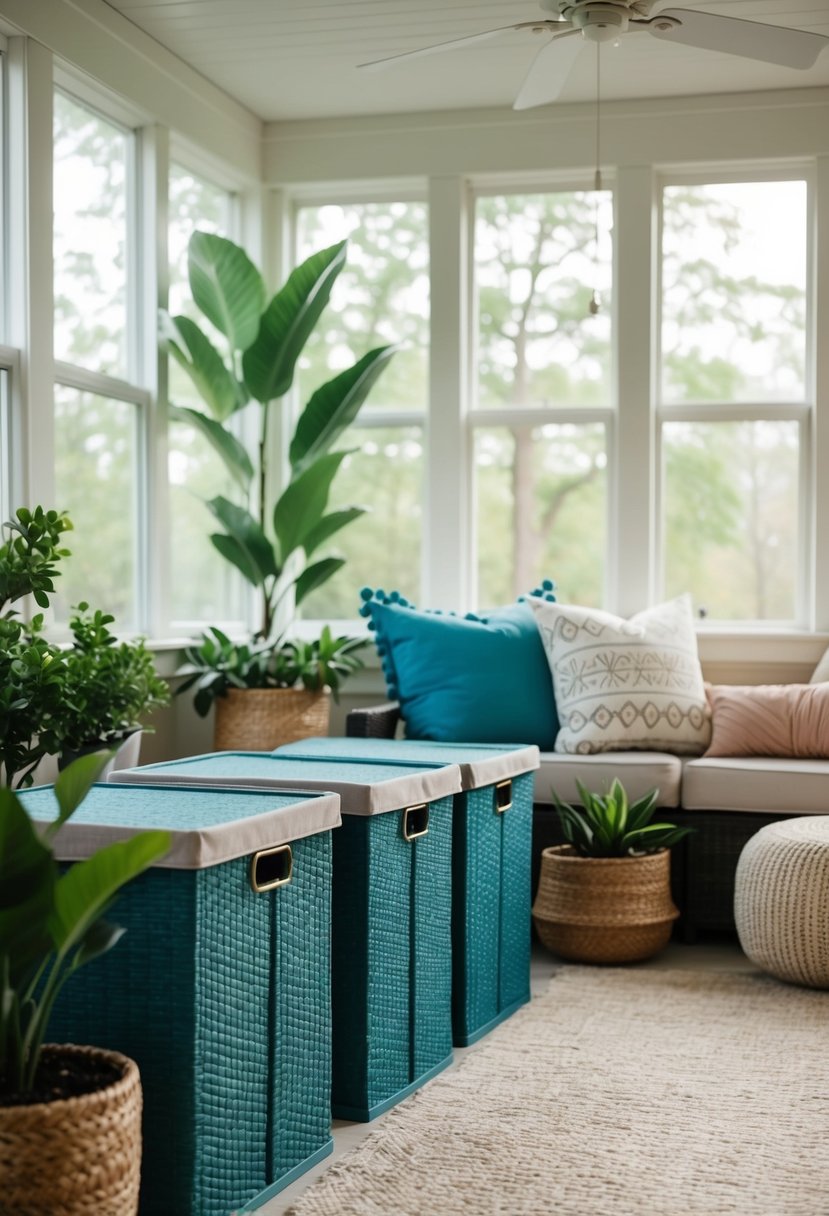 Decorative storage bins neatly arranged in a sunroom, with plants and cozy seating, creating a clutter-free and inviting space