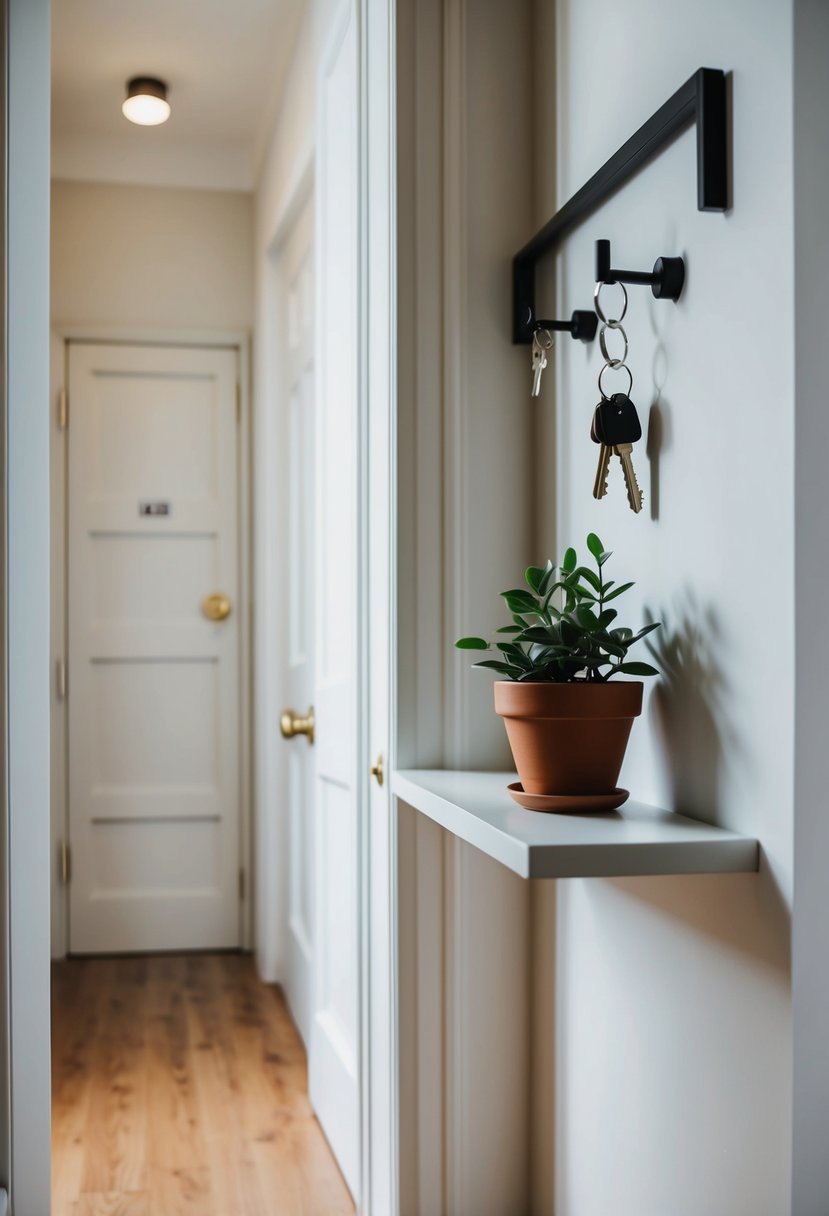 A hallway with a floating shelf near the door, holding keys and a small potted plant, creating a tidy and organized space