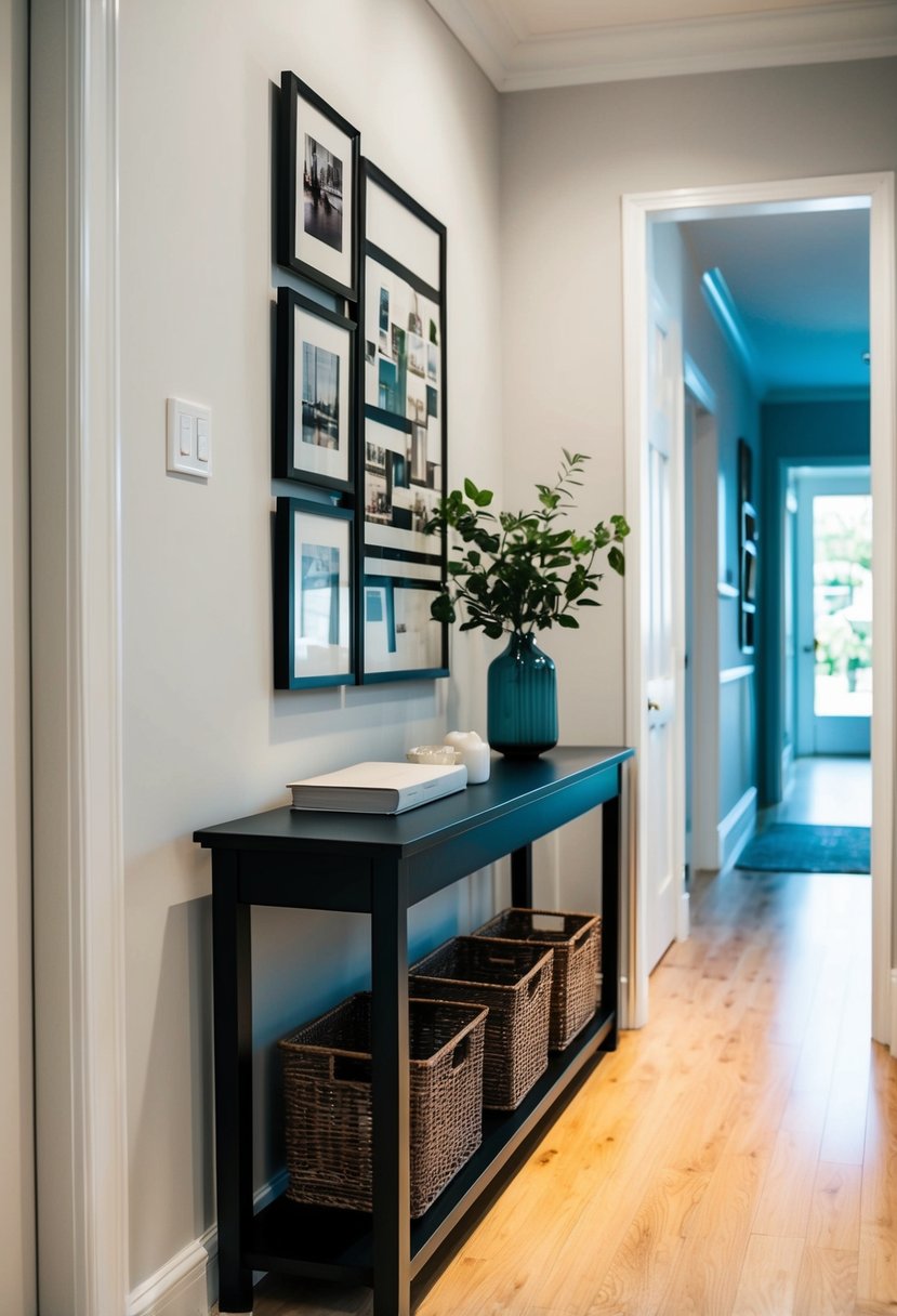 A narrow console table in a hallway with neatly arranged decor and a few small storage baskets underneath