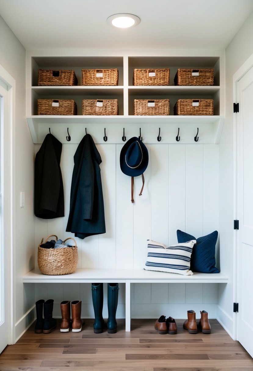 A mudroom with neatly organized shelves, hooks, and baskets for shoes, coats, and accessories. A clean and minimalist space with natural light streaming in
