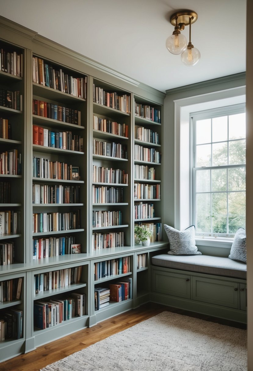 A cozy home library with neatly organized bookshelves, a comfortable reading nook, and natural light streaming in through the window