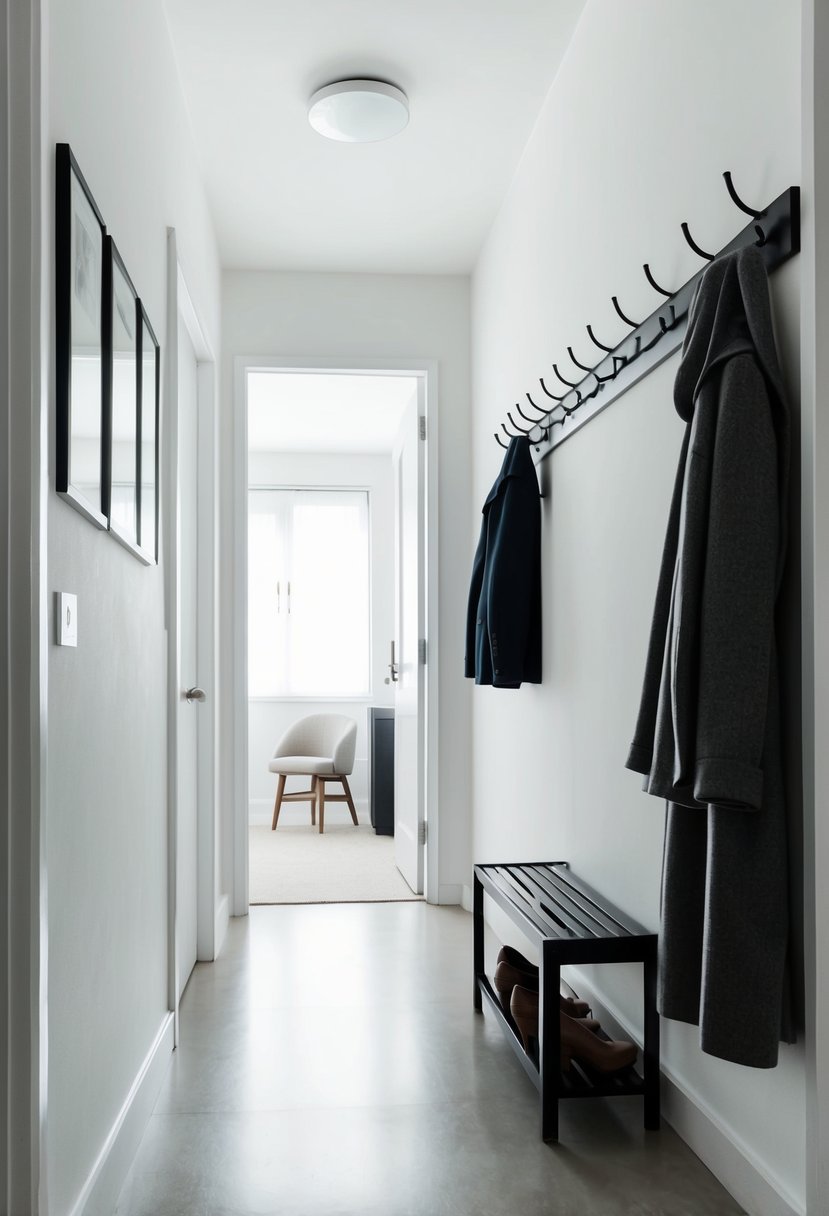A hallway with minimal furniture and clean, uncluttered surfaces. A shoe rack and coat hooks are neatly organized, creating a sense of spaciousness and order