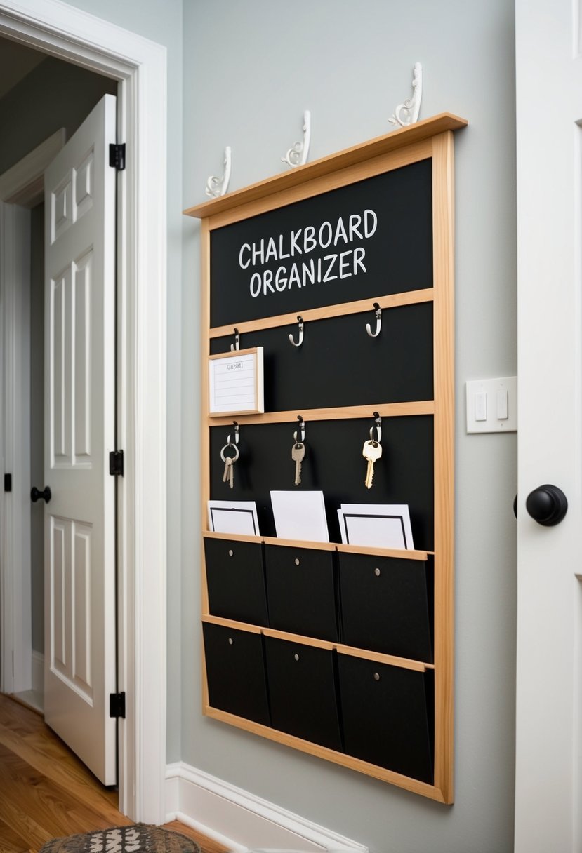 A chalkboard organizer hangs on the wall of a tidy mudroom, with hooks for keys and slots for mail and small items