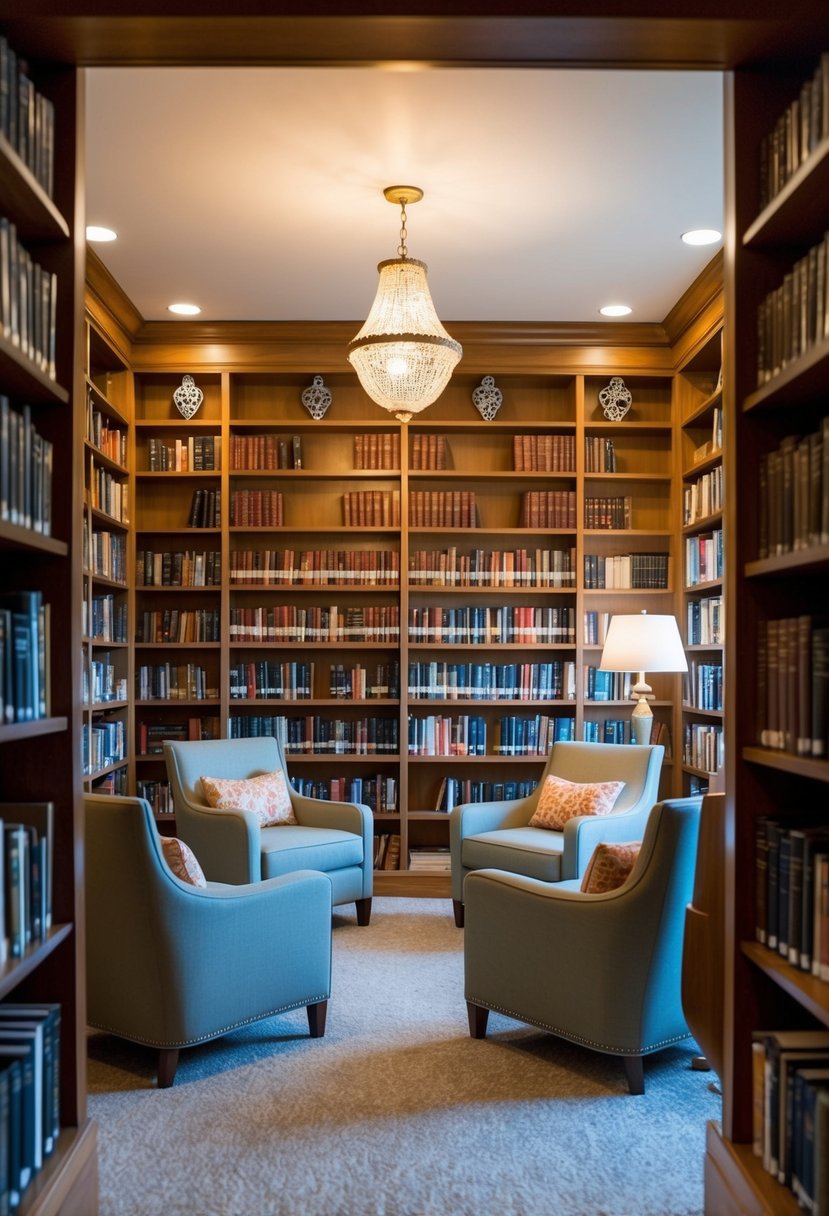 A cozy home library with neatly organized shelves, decorative bookends, and comfortable seating for reading. A warm, inviting atmosphere with soft lighting and tasteful artwork