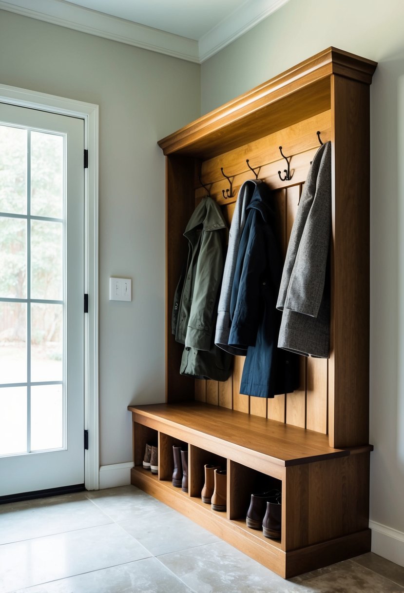 A wooden bench with built-in storage sits against a wall in a tidy mudroom. Coats and shoes are neatly organized, creating a clean and functional space