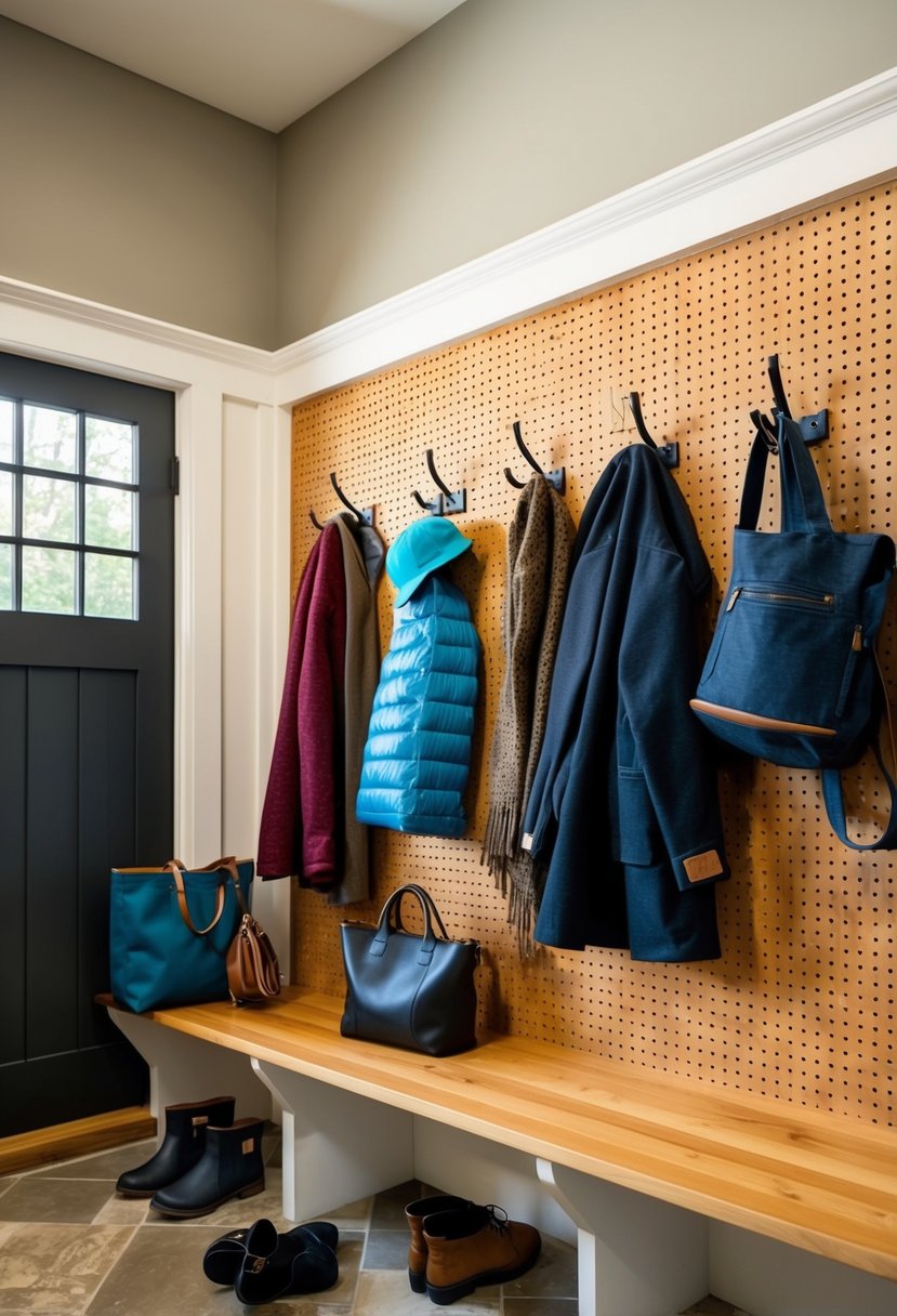 A pegboard wall is installed in a mudroom, with hooks holding various items like coats, hats, and bags