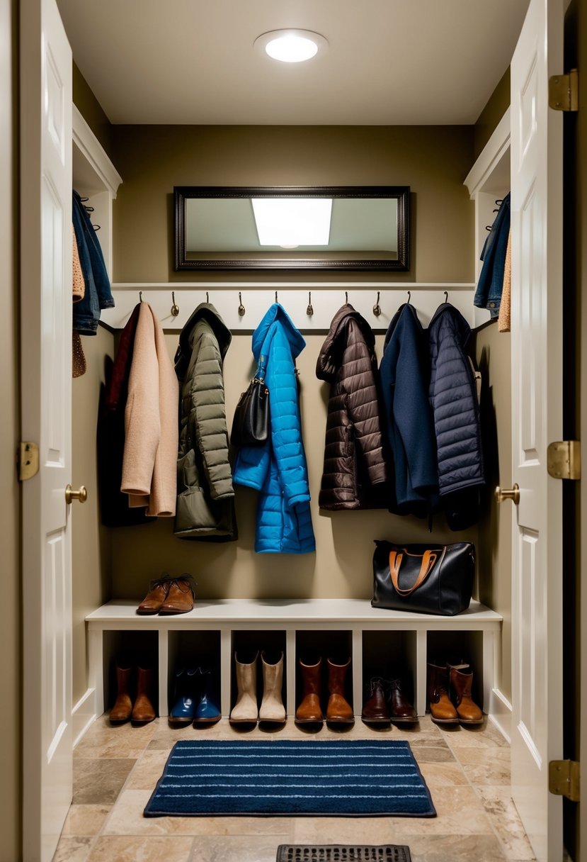 A mudroom with a mirror on the wall, surrounded by neatly organized coats, shoes, and bags