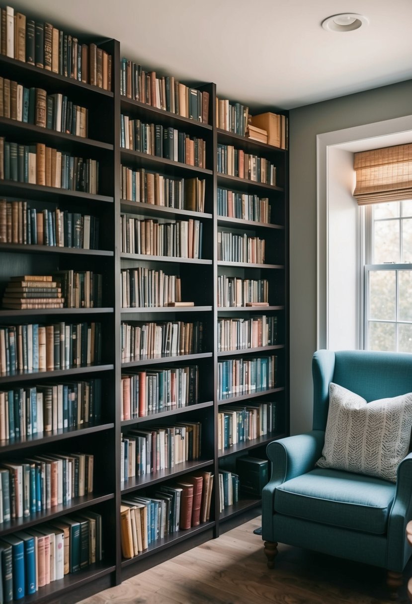 A cozy home library with books stacked neatly on shelves, a reading nook with a comfortable chair and a DIY project in progress using old books