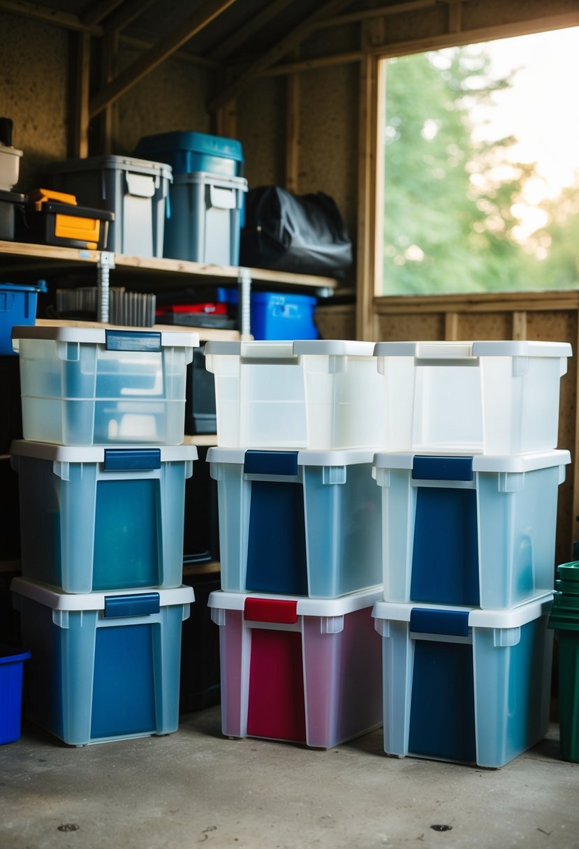 Several transparent storage bins neatly organized in a clutter-free shed