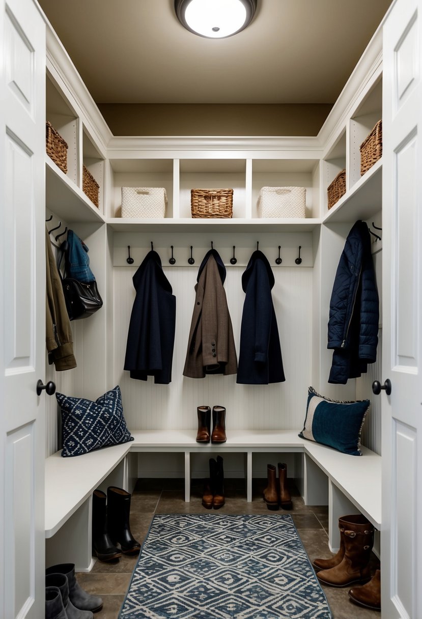 A tidy mudroom with neatly organized shelves, hooks for coats, and a designated spot for shoes and boots