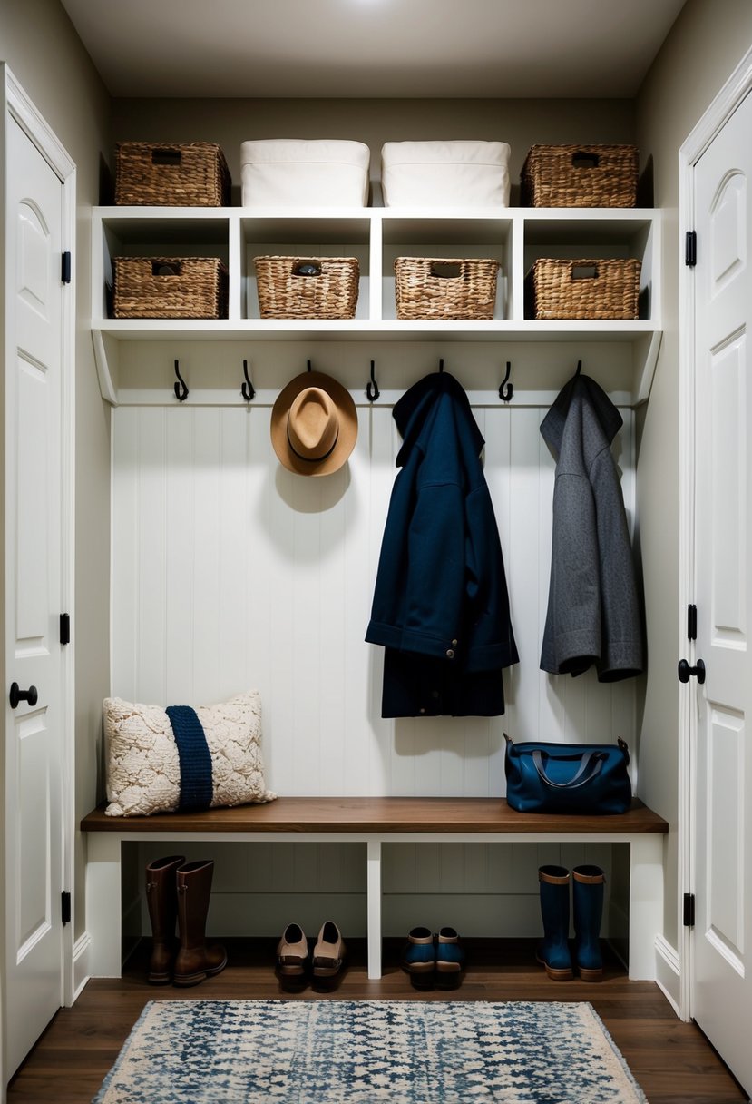 A mudroom with shelves, hooks, and baskets for organizing shoes, coats, and bags. A bench for seating and a rug for wiping feet