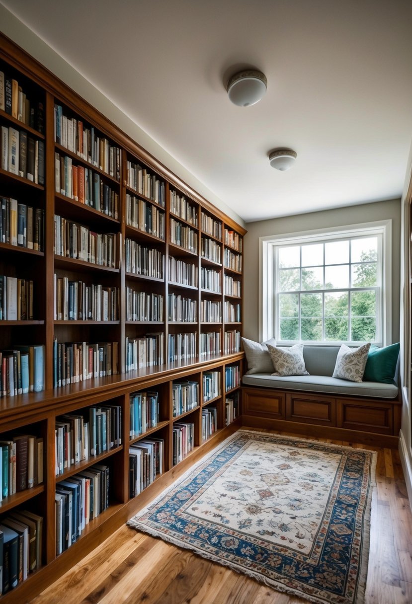A cozy home library with neatly organized bookshelves, a comfortable reading nook, and natural light streaming in through the windows