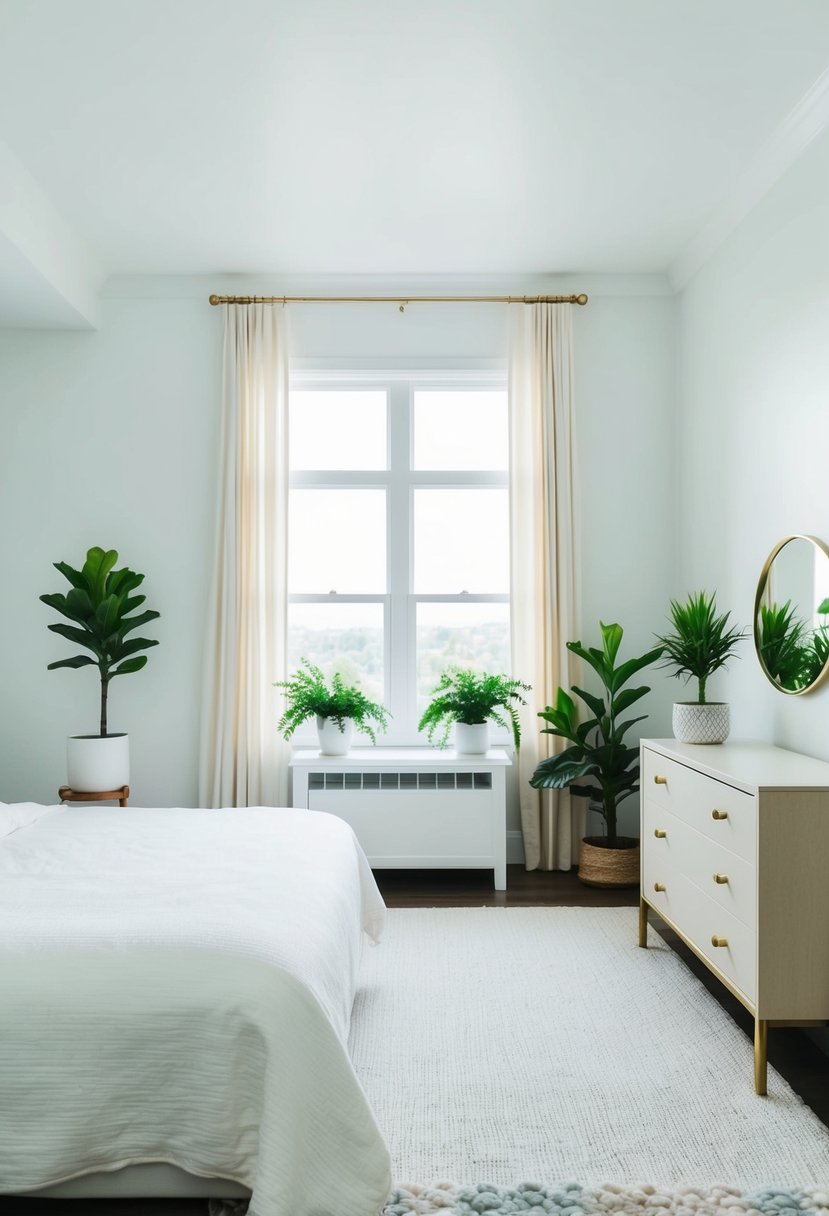 A bright, airy guest room with a neatly made bed, empty dresser, and clear surfaces. A few potted plants add a touch of greenery