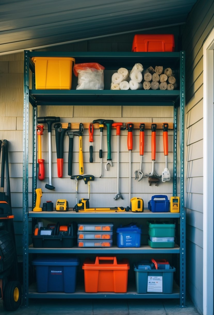 Overhead racks neatly organize shed tools and supplies